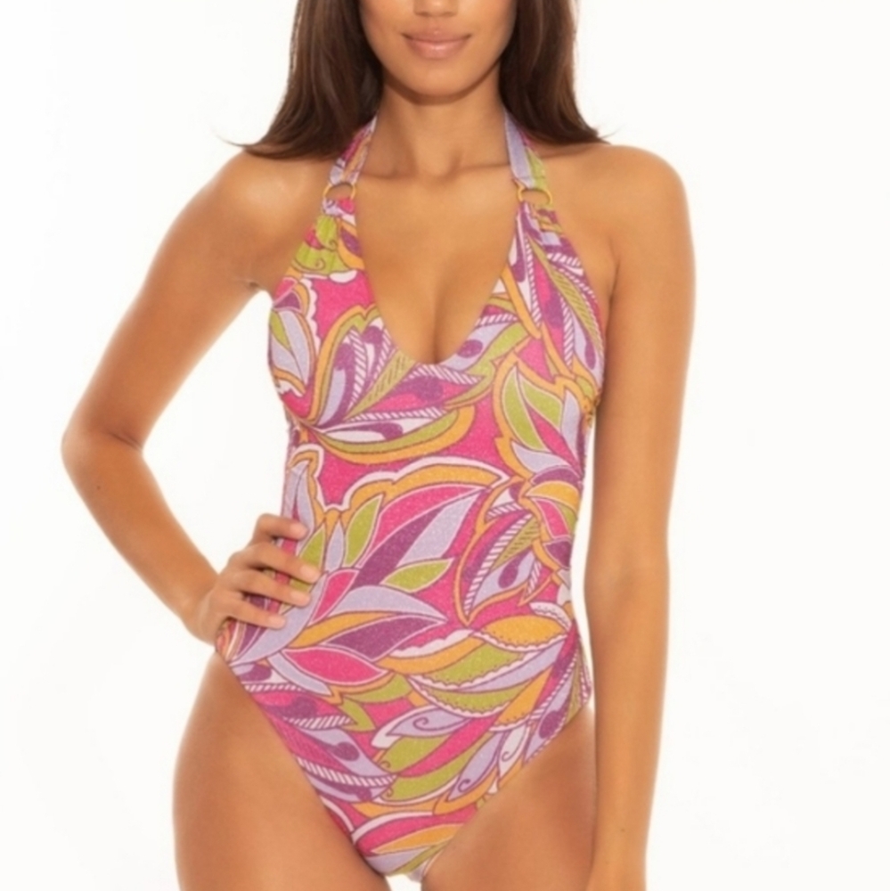 NWT Becca Pink Purple Shimmer Loop Halther One Piece Swimsuit Large